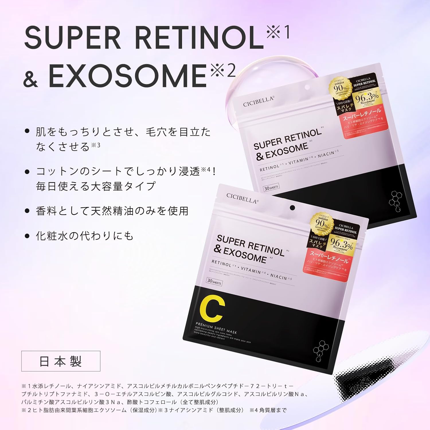 Интенсивная листовая маска для лица с ретинолом, экзосомами, витамином С и ниацинамидом CICIBELLA, 4 уп. x 30 шт. — изображение 7